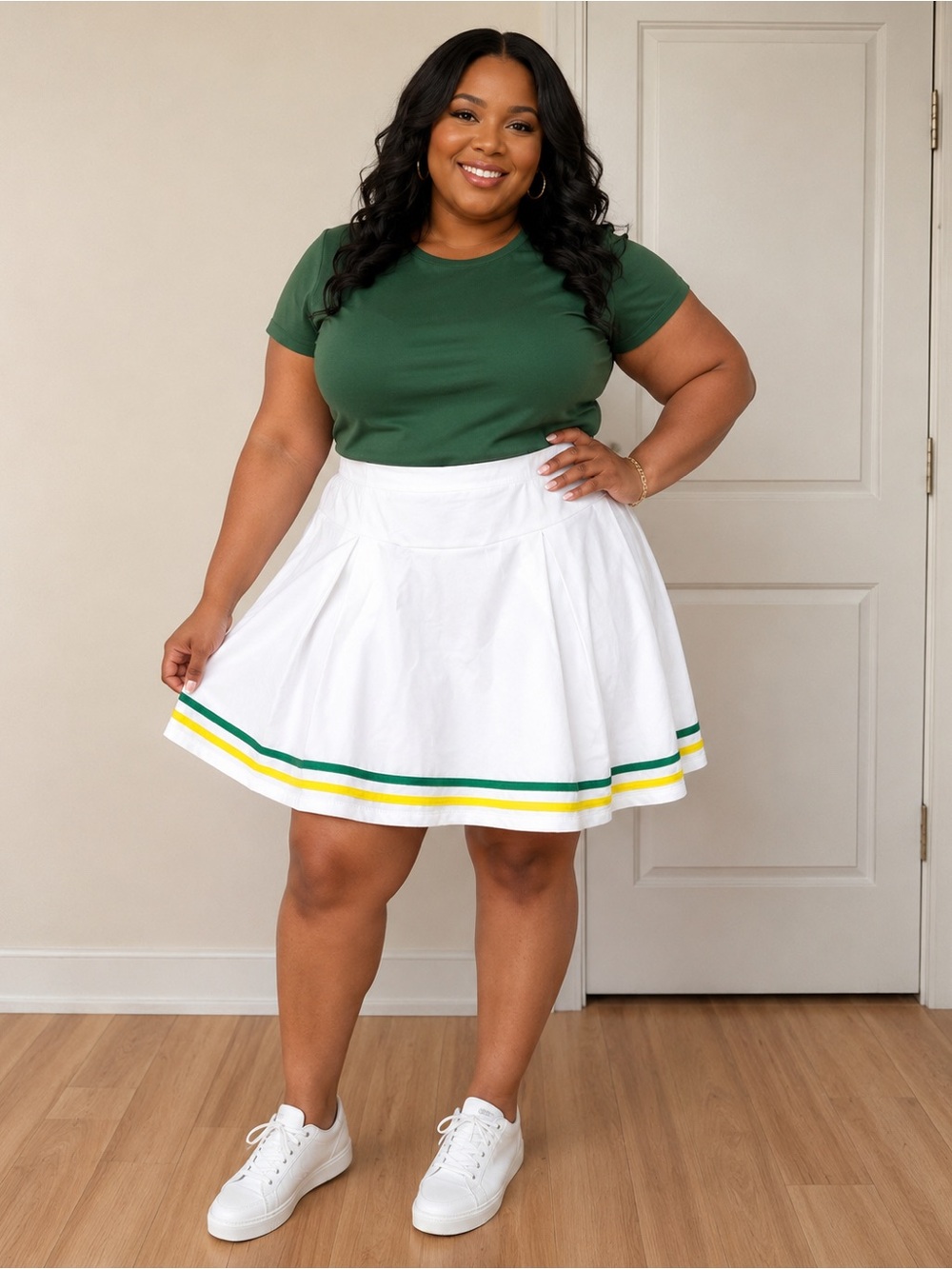 Ashley Stewart White Mini Skirt with Green & Yellow Stripe Hem 34/36 plus size